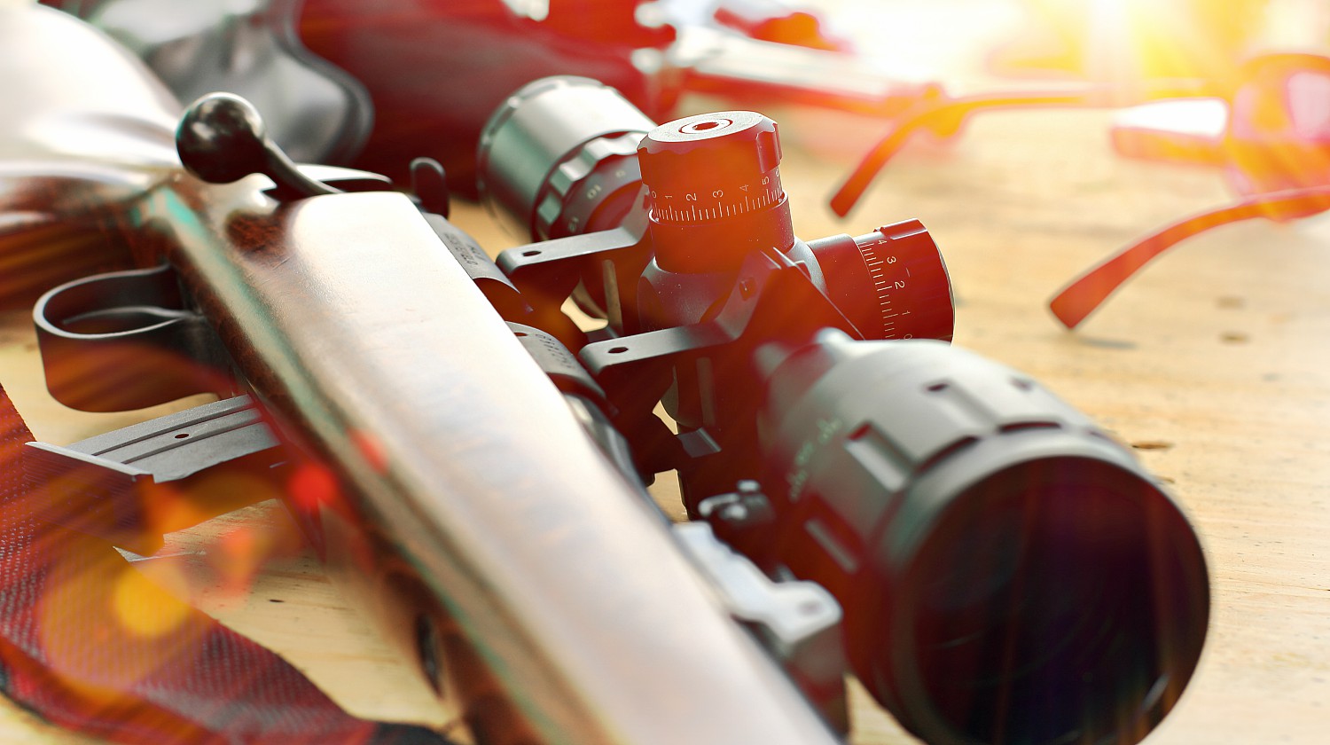 Feature | Close up of rifle telescope for sport hunting on table wooden | Types Of Guns That Will Keep You Alive On Doomsday