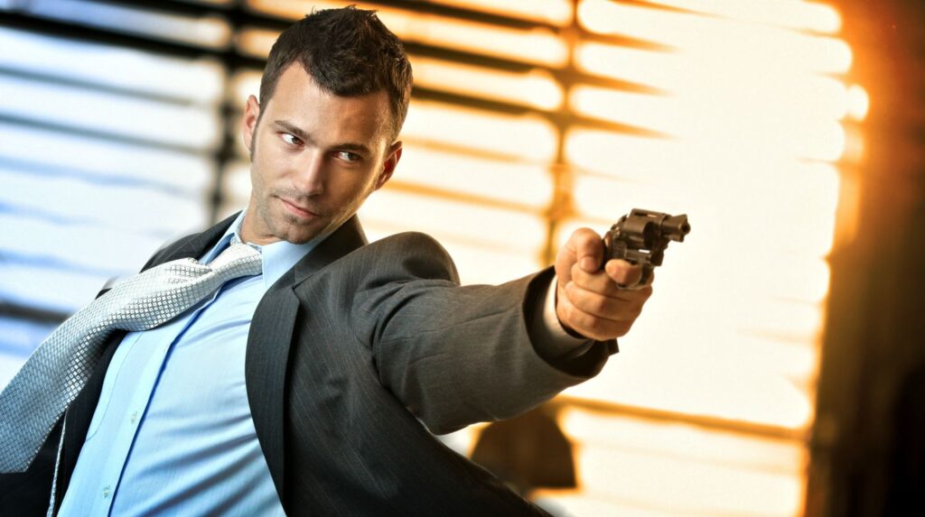 Feature | Determined caucasian action hero wearing suit and tie holding gun in hand | Great Action Movie Gun Quotes That Apply To EDC